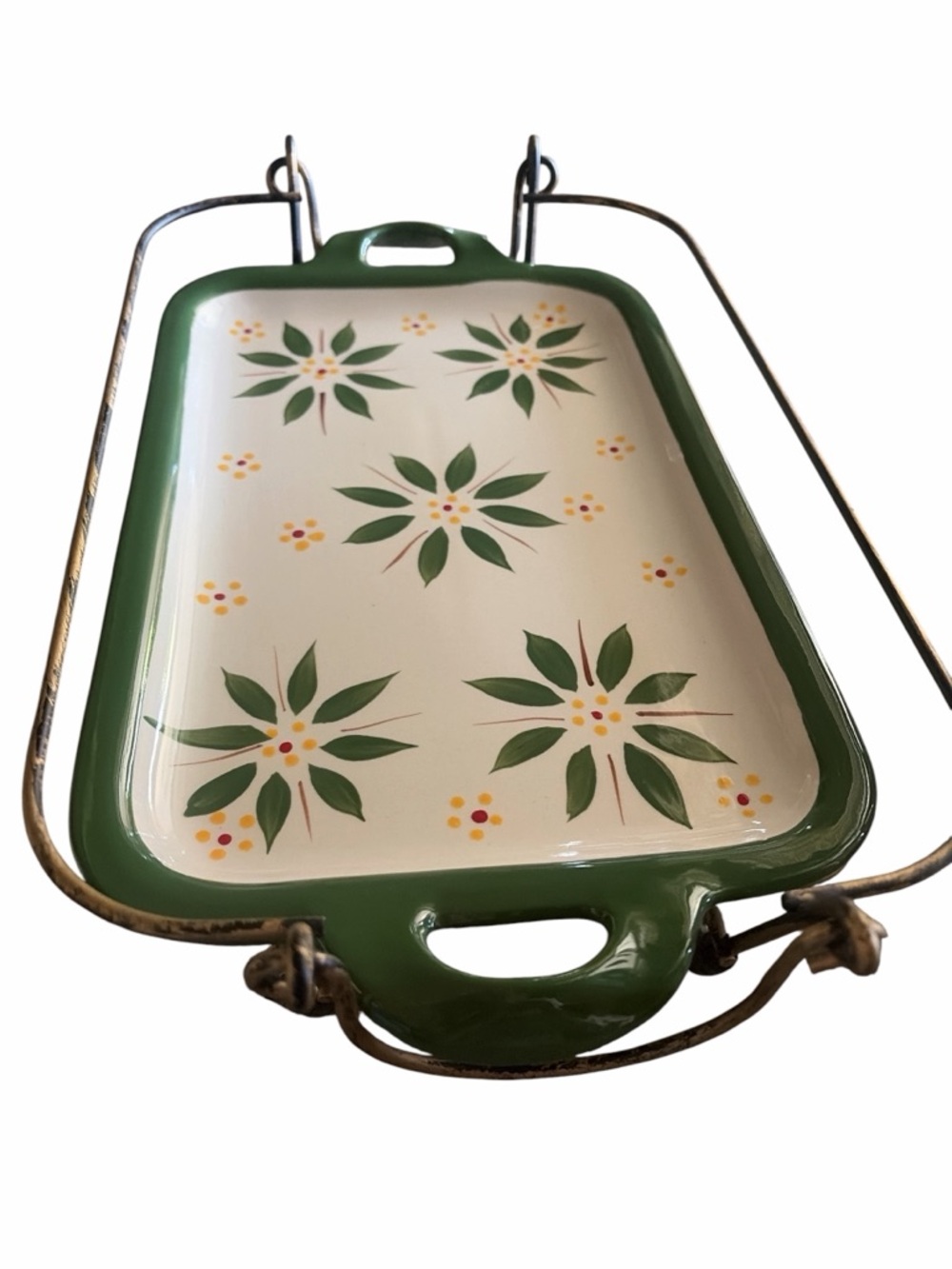 Temptations Green and Cream Floral Enamel Serving Tray with Wire Stand